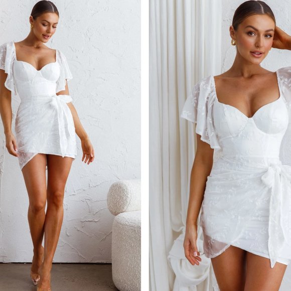 APHRODITE MOLDED BUST ANGEL SLEEVE WRAP DRESS EMBROIDERED WHITE - Picture 5 of 13